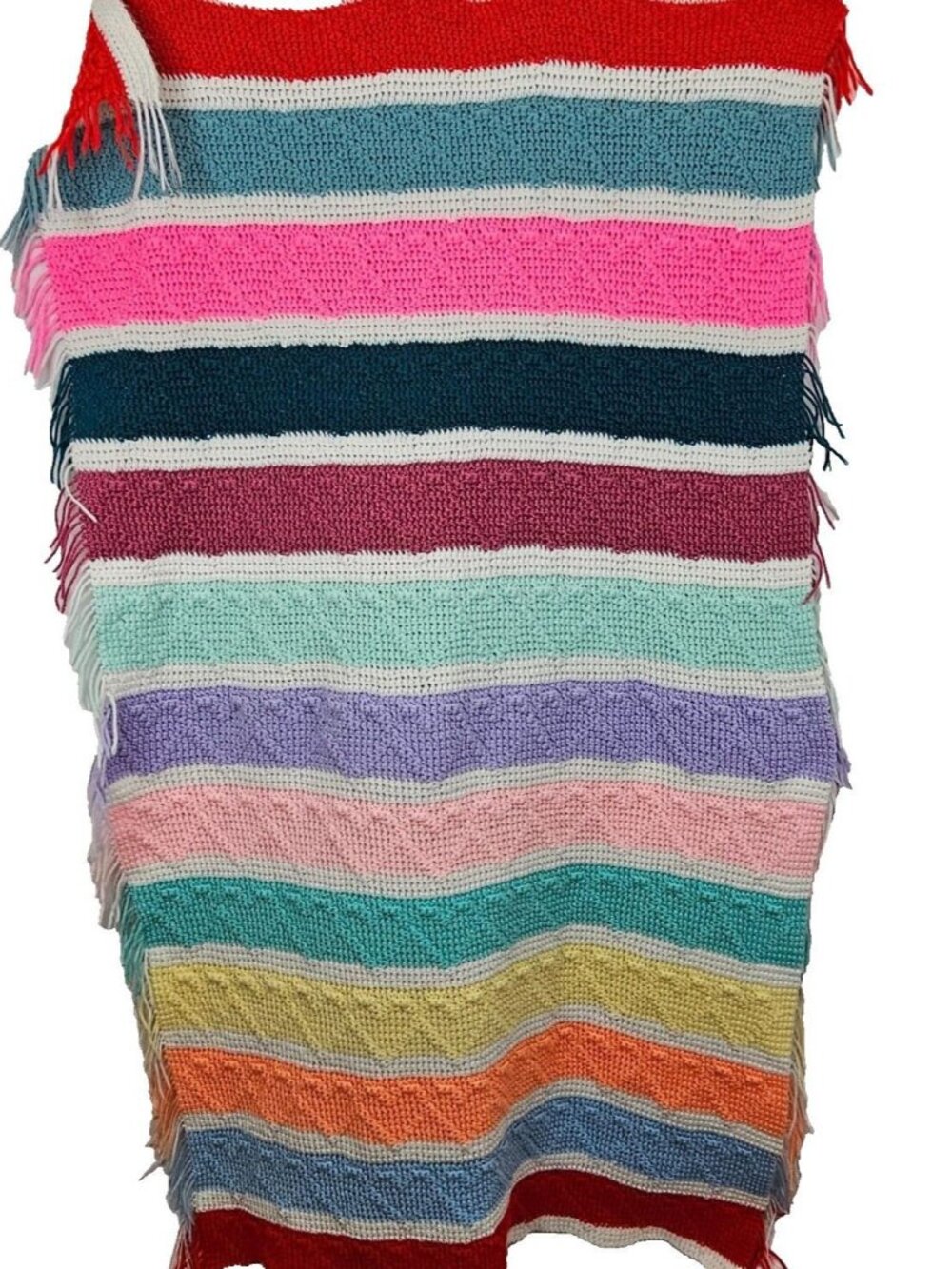 Handmade Crochet Knit Afghan‎ Blanket Neutral Tone Rainbow Hearts Stripes Fringe